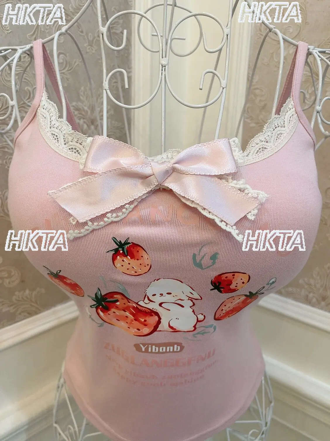 Girl Bow Print Strawberry Cute Rabbit Lace Edge Slim Top with Chest Pad Sling Vest Summer New Fashion Elastic Slim Vest Y2k Top