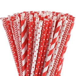 Biodegradable Red Paper Straws Bulk - 100 Dots/Stripes/Waves Straws for Beverage, Christmas, Holiday, Birthday, Wedding