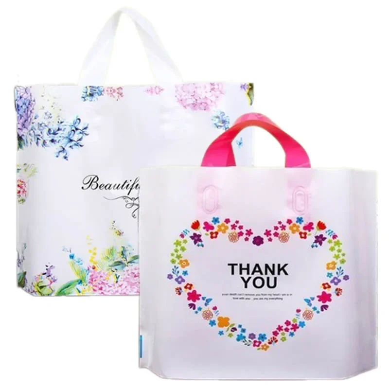 50Pcs Thick Thank You Gift Bag Plastic Tote Bag Clothing Store Shopping Packaging Bags With Handle Party Gift Wrapping Pouches