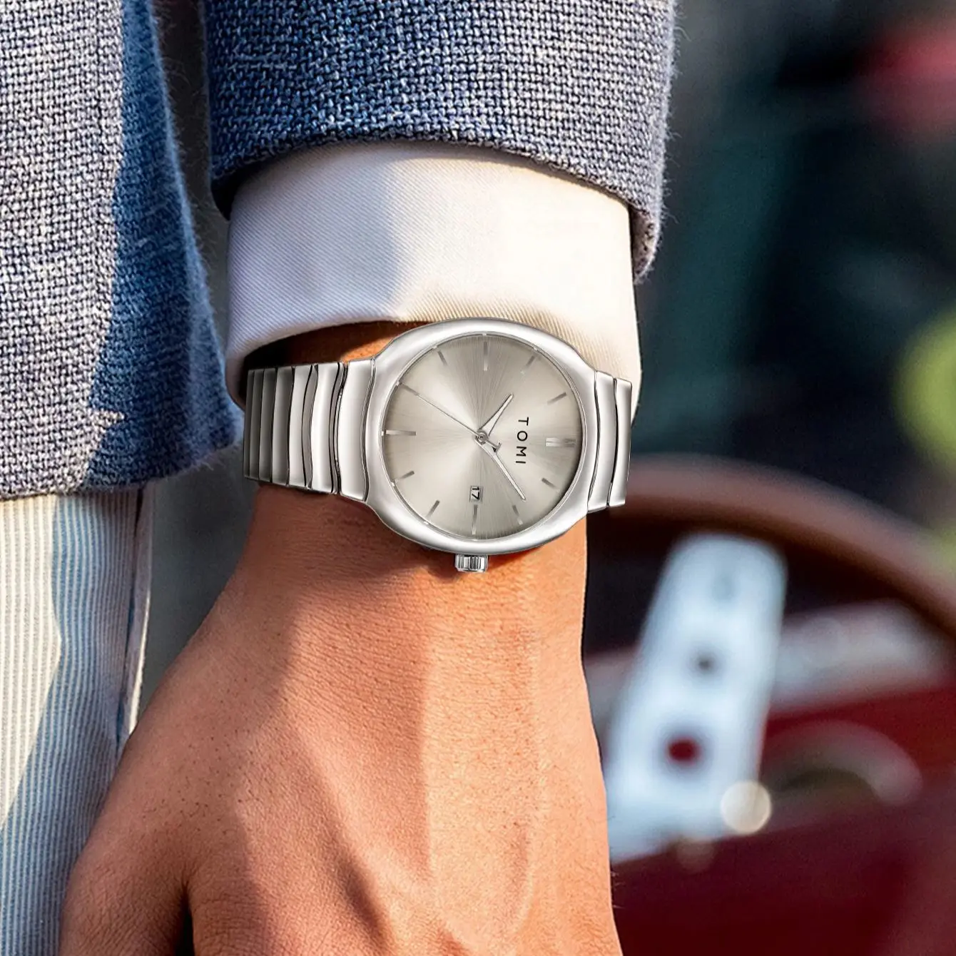 TOMI Minimalist Watch Set Mirror Polished Silver Dial Stainless Steel Milanese Band Business Casual Style With Bonus Accessories