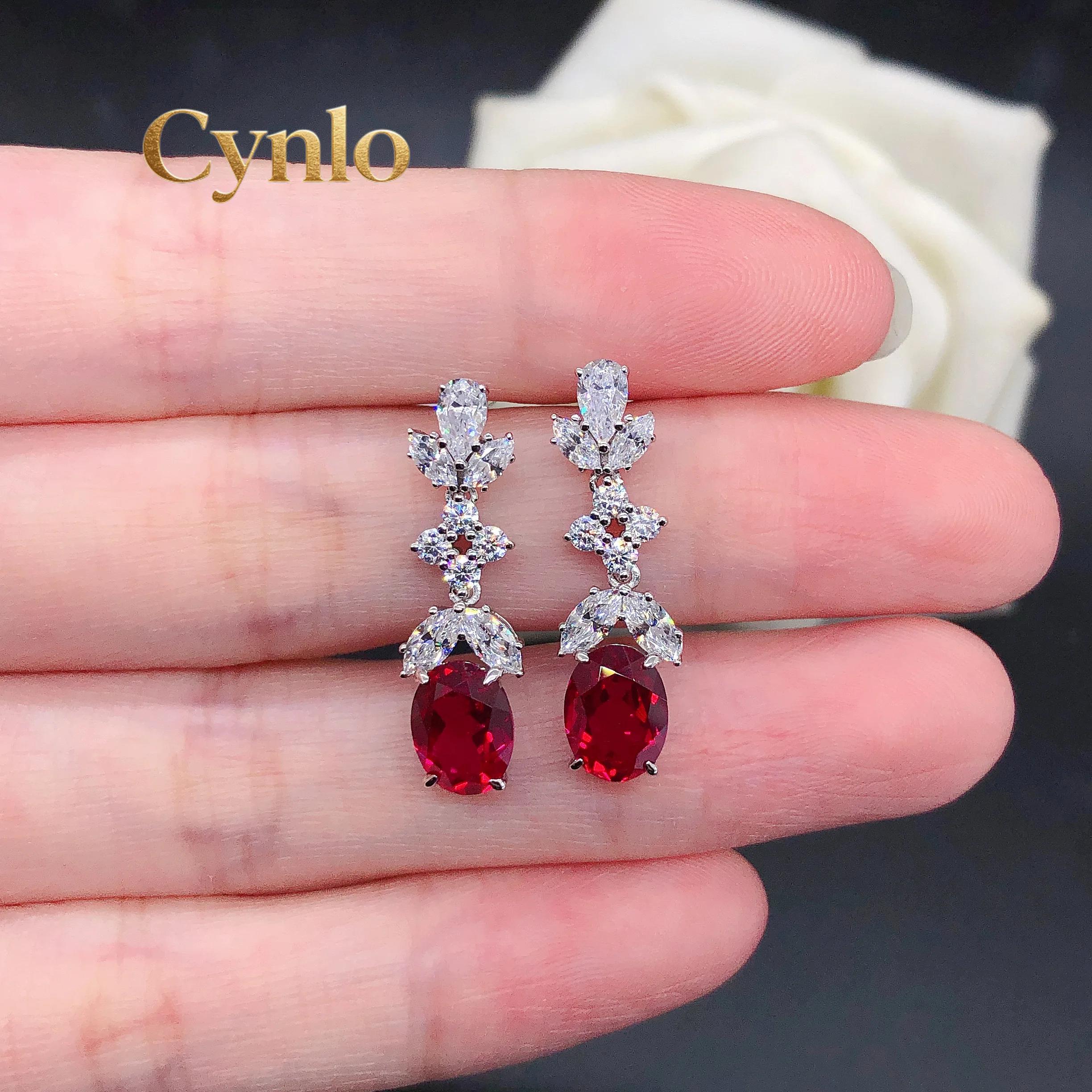 

Cynlo Jewelry 18K White Gold 1.5Ct 6X8mm each Oval Shape Sapphire&Ruby Earrings Lab Gemstone Drop Dangle Earrings E070