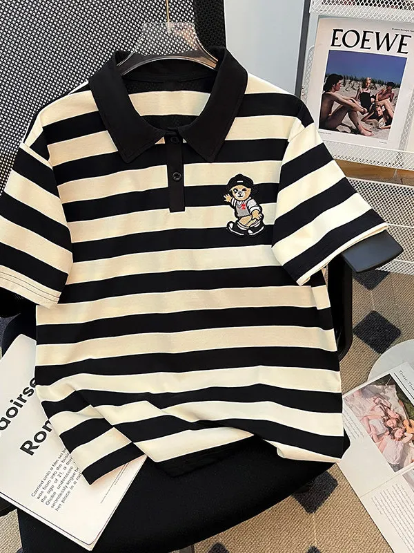 Preppy Striped Short Sleeve  Shirt T-Shirt Summer New Style Beautiful Elegant Top for Junior And High School Students