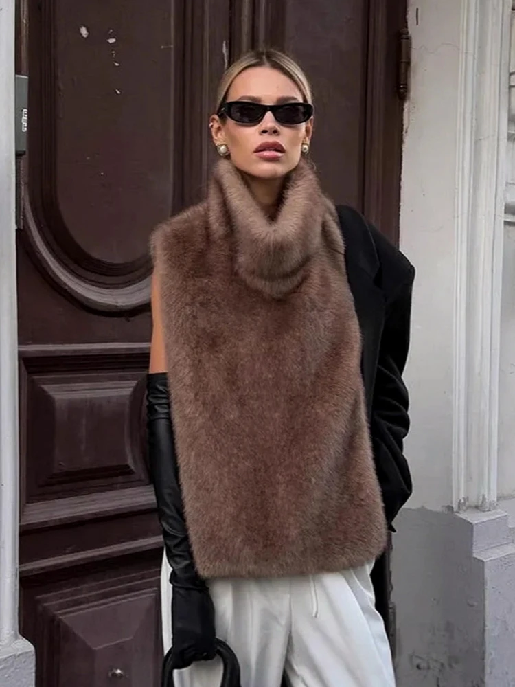 Mumaroho 2026 Winter Spring Women Faux Fur Sable Vest Crop Top Solid  Turtleneck Eco Mink Faux Fur Tank Tops Pullover Jacket