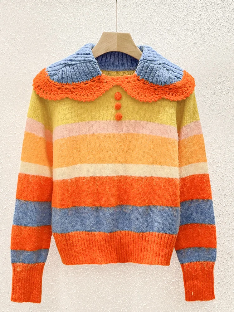 Sweet & Cute Colorful Striped Sweaters Doll Neck Knit French Vintage Pullovers Long Sleeve Autumn/Winter Woman Clothing