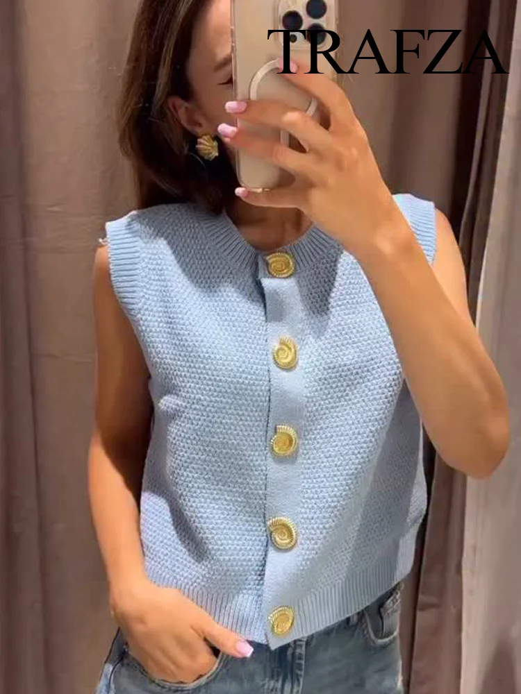 

TRAFZA Women's Summer Chic Slim Sweater Tops Solid Single-Breasted Vest Tops Women New Fashion Knitted Sleeveless O-Neck Tops