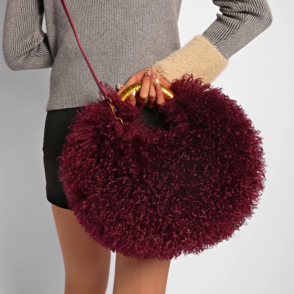 Neue Damen-Handtasche aus Kunstfell, runde Umhängetasche aus Kunstlammfell, flauschige Fell-Tasche – Detail 25