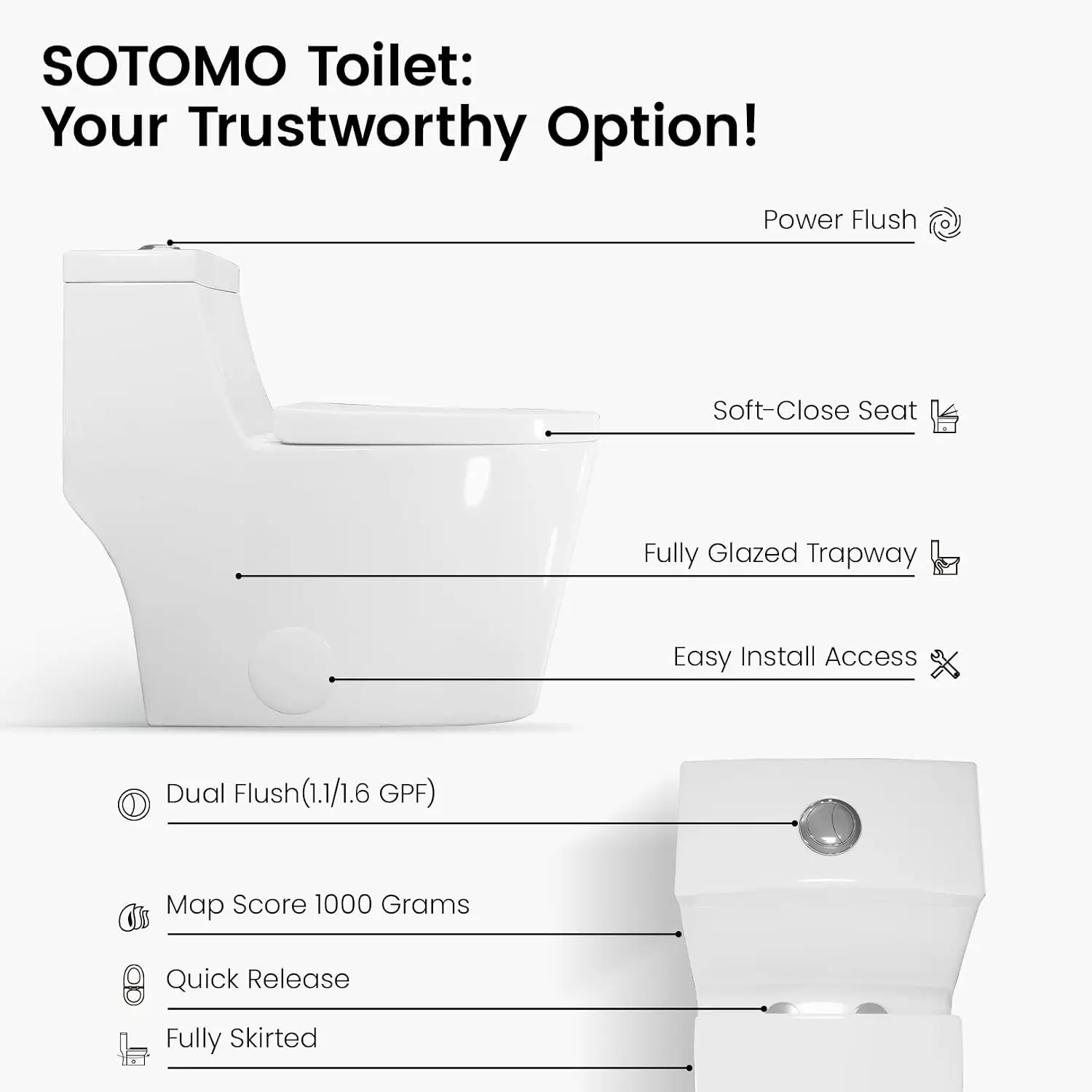 Elongated One Piece Toilet with Soft Closing Seat, 12'' Rough-In Modern Toilet for Bathrooms, 1.28 GPF Dual Flush, MAP 1000g, 28