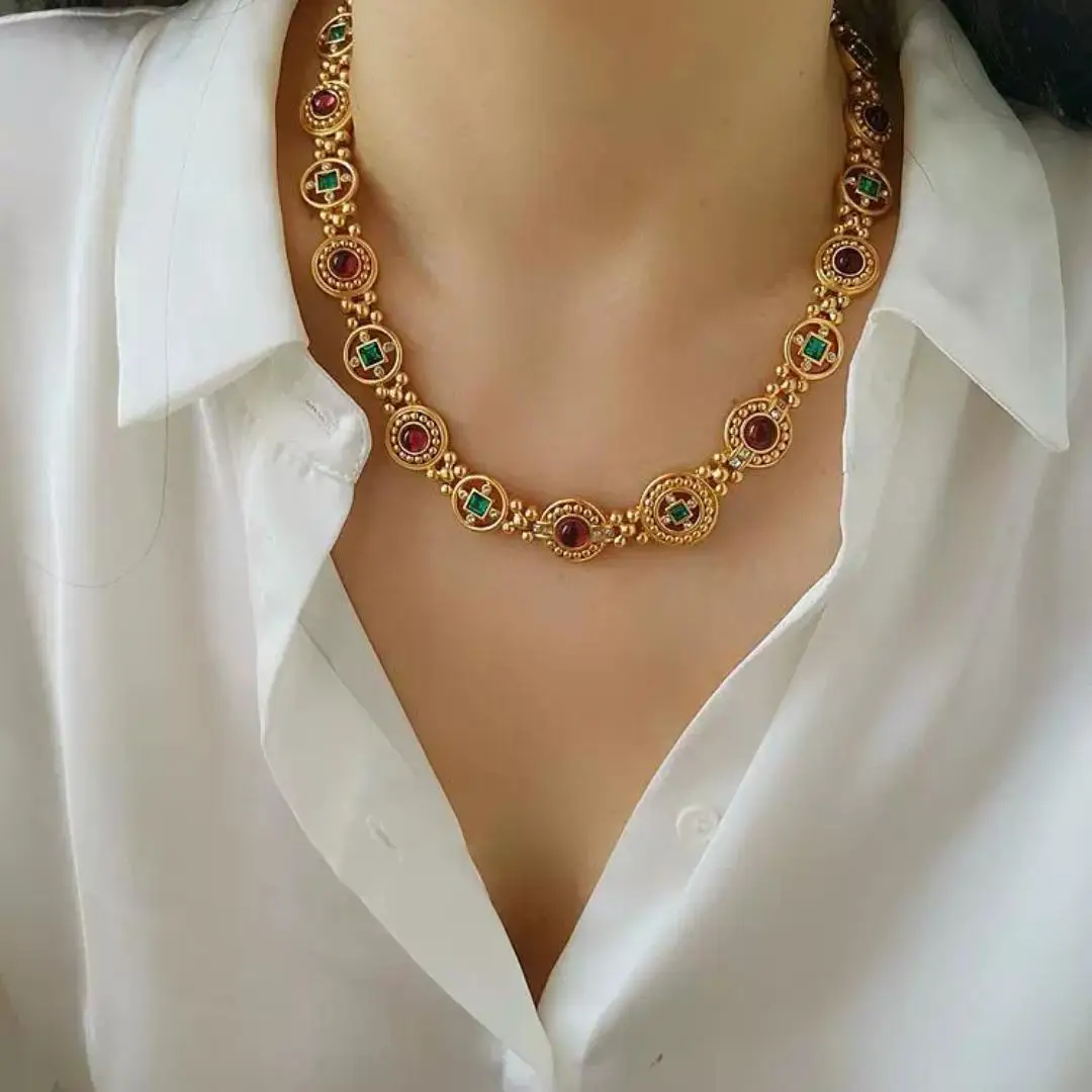 

Brass Colorful Beads Rhinestoned Chunky Choker Necklace Women Jewelry Punk Designer Runway Rare Gown Boho Japan Korean