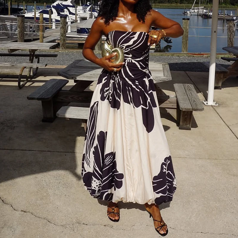Elegant Women High Waist Commute Dresses Vintage Pattern Printed Pleated A-line Dress Summer Off Shoulder Sleeveless Party Dress