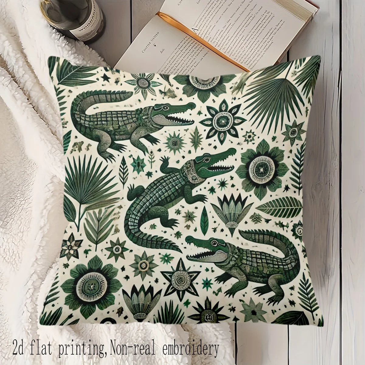 A Green Grassland Crocodile Pillowcase - Featuring a Vibrant Tropical Design, Intricate Texture, Durable Polyester Fabric, Zipper Closure, And Machine Washable - Perfect for Decorating Living Rooms, Bedrooms, And Sofas (Insert Not Included)