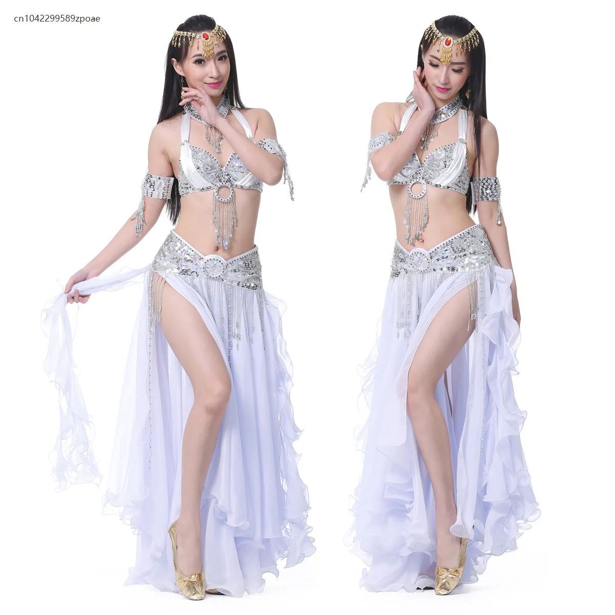 

Belly Dance Oriental Arabian Egyptian Costume Tulle Curled Leaf Double Slit Gypsy Skirt Women's Arabian Indian Dance Costume