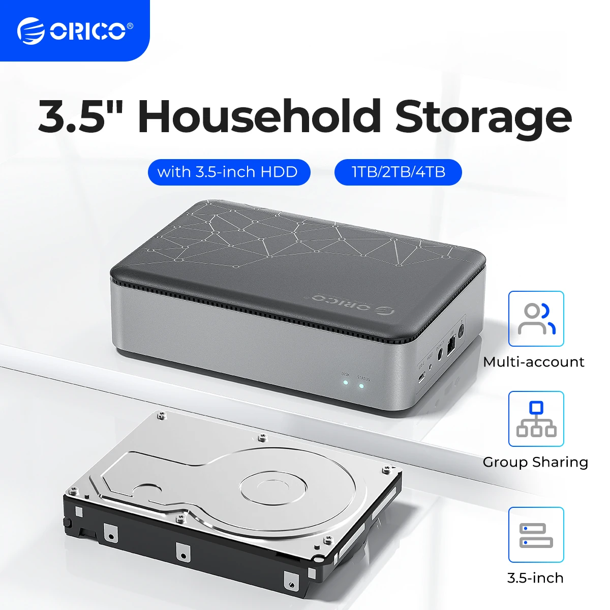 

ORICO Personal Storage 3.5" 1TB 2TB 4TB Type-C SuperSpeed NAS with Automatic Backup Remote Access & Share 12V/2A for PC/TV/Phone