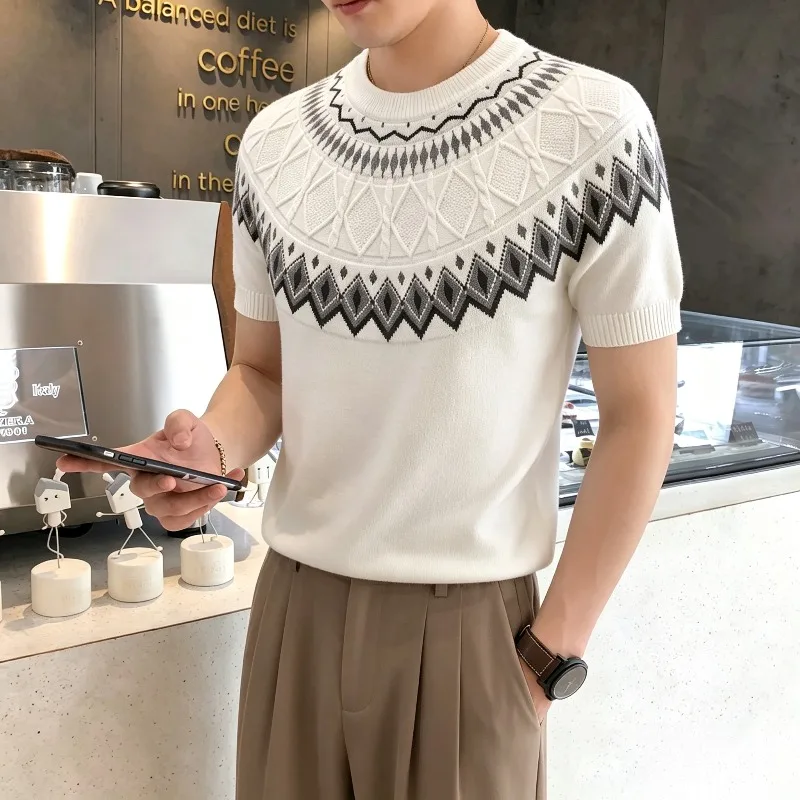 Autumn Men's Geometric Jacquard Knitted T-shirt Men's Short-sleeved Round-neck Sweaters Casual Business Social Knitted Shirt