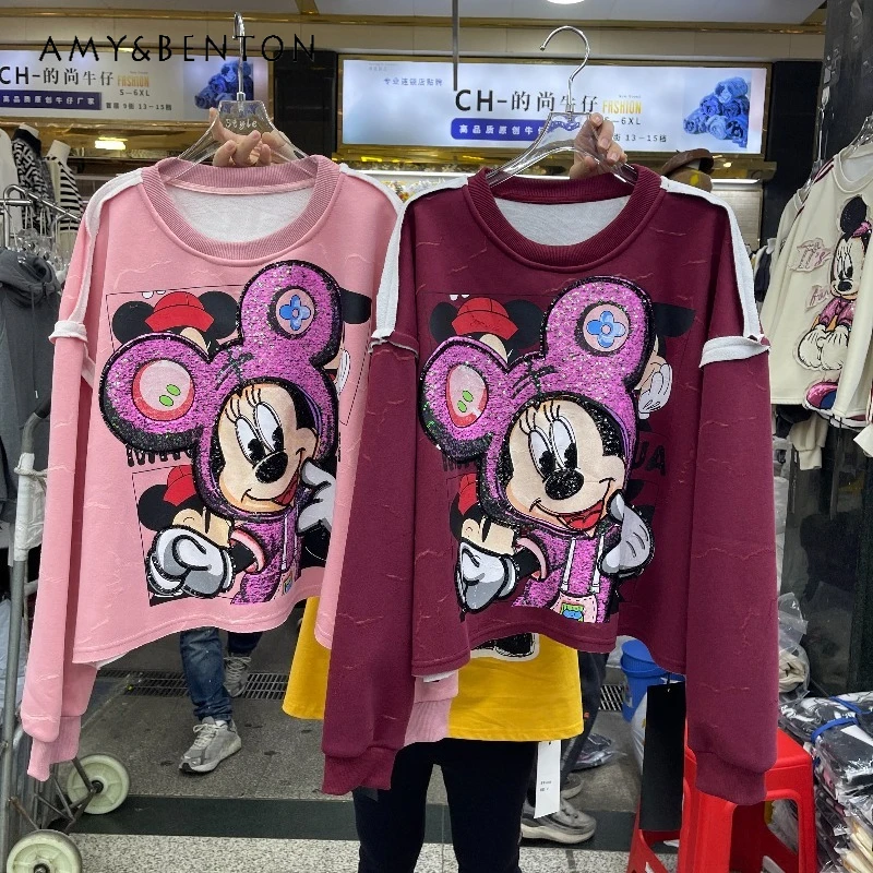 

2025 Winter New Heavy Industry Sequin Cartoon Fleece Sweatshirt For Women's Loose Fashion Short Top Hoodies Sudaderas De Mujer
