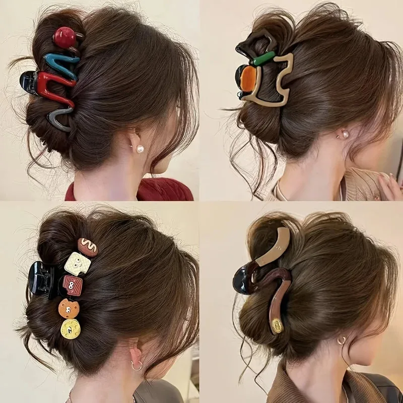 New Wave Color Block Large Hair Clips with Shark Clip Cartoon Design Hairpin Premium Back-of-Head Hair Accessories for Women