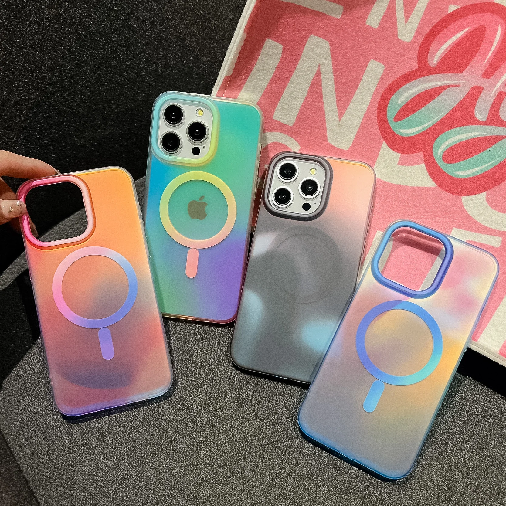 Rainbow Gradient Laser Magnetic Matte Phone Case For iPhone 16 15 Plus 14 Pro Max 13 For Magsafe Wireless Charge Coloful Cover