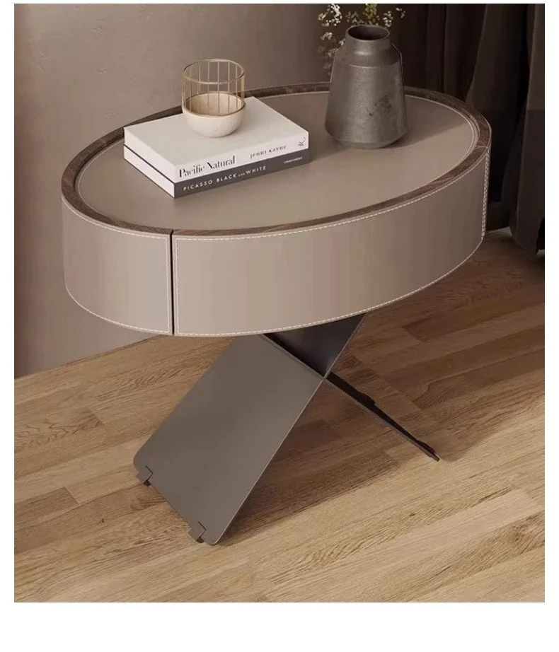 Italian minimalist saddle leather bedside table, bedroom creative oval storage bedside table khaki