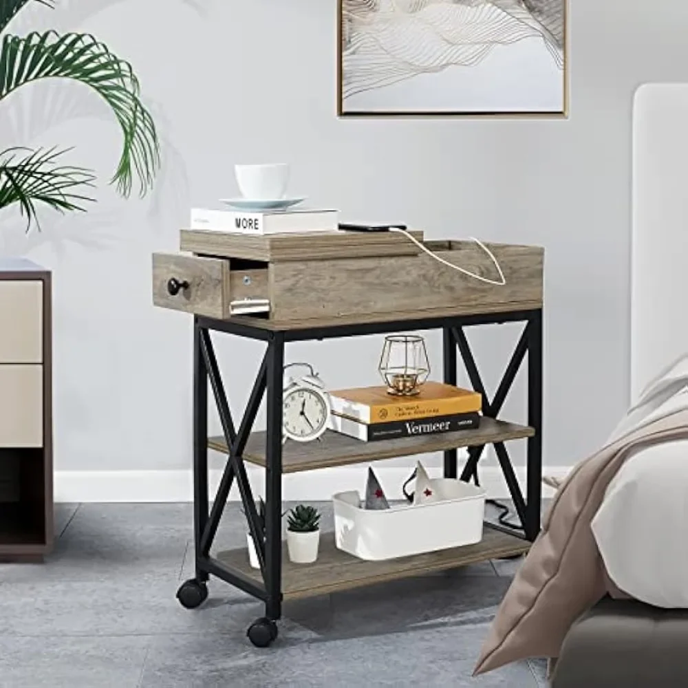 Grsolul End Table with Charging Station, Narrow Flip Top End Side Table with Storage Shelf and USB Ports & Power Outlets