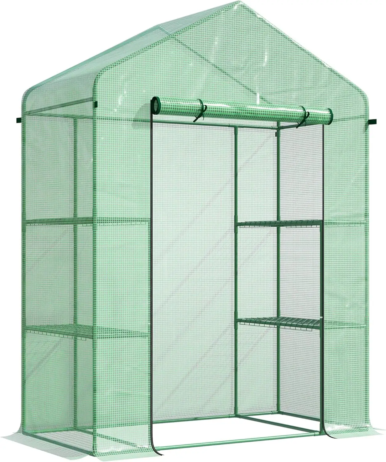 ミニウォークイン温室キット、3層棚付きポータブルグリーンハウス、ロールアップドア、耐候性クレープカバー、5x2.5x6.5'