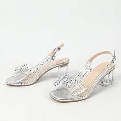Liyke 2026 New Arrivals Crystal Rhinestone Bowknot Transparent Sandals Women Silver Square Open Toe Clear Heels Party Prom Shoes
