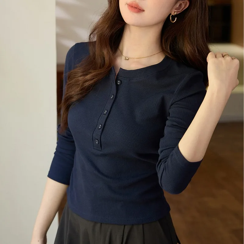

Waist folded Maillard chic bag fabric button long sleeved T-shirt with feminine temperament, pure cotton base shirt