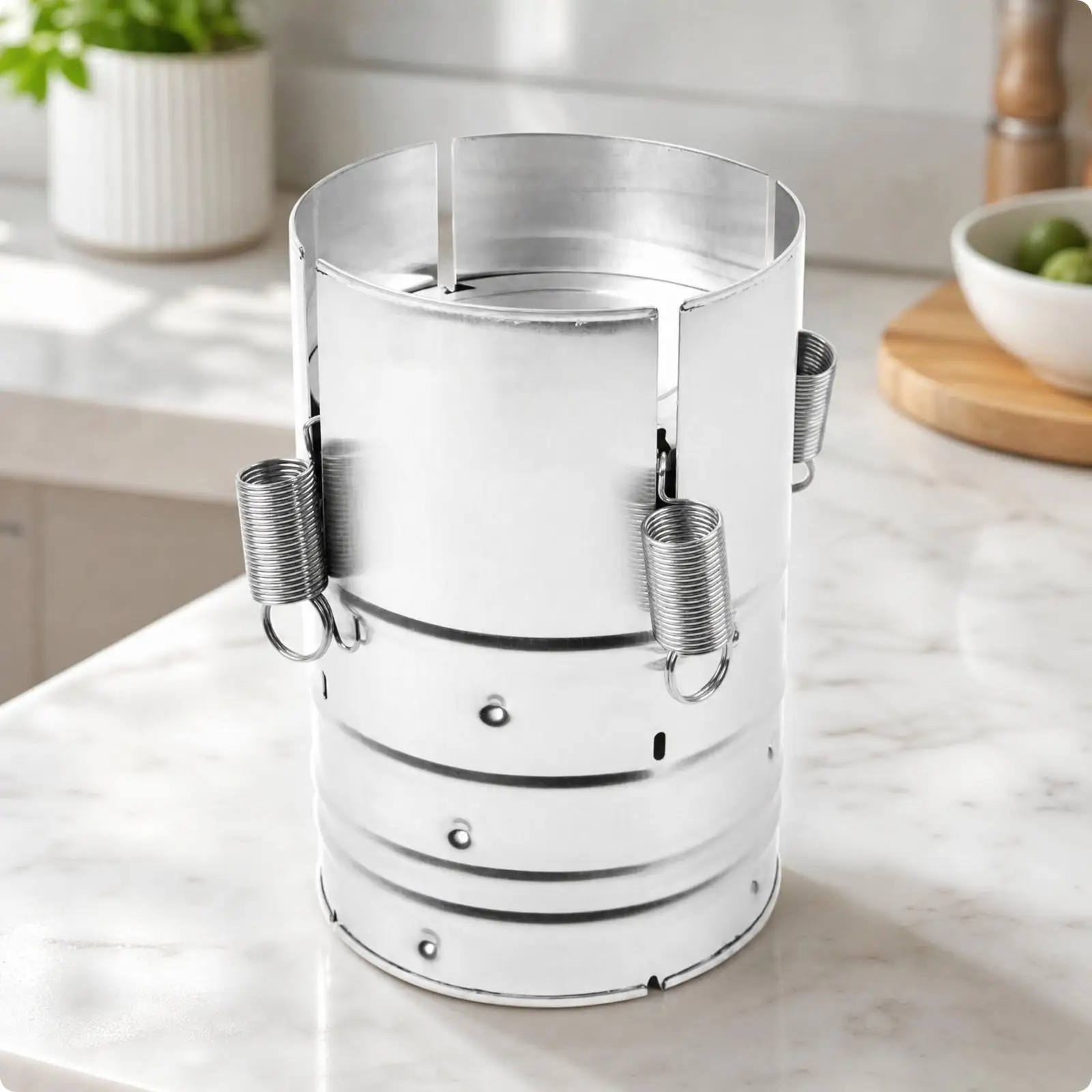 Cylindrical Meat Former Tool for Uniform Ham Pressing with Stainless Steel Build and Loop Handles for Kitchen Use