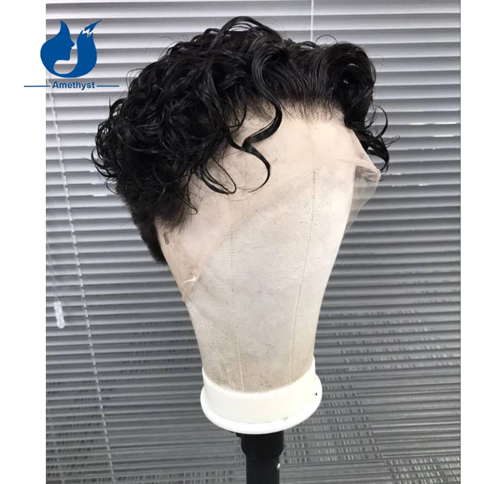 جمشت الرجال شعر مستعار مجعد قصير عابث قطع الشعر البشري قبل قطعها الطبيعية الأسود ريمي كامل الدنتلة حلاقة في الخلف والجانب #5