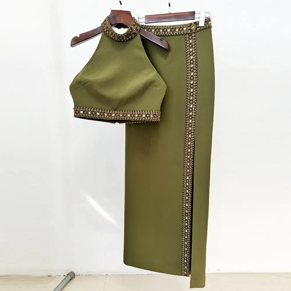 TWOTWINSTYLE Solid Spliced Diamonds Two Piece Sets for Women O Neck Sleeveless Top High Waist Slimming Skirt Sets Female