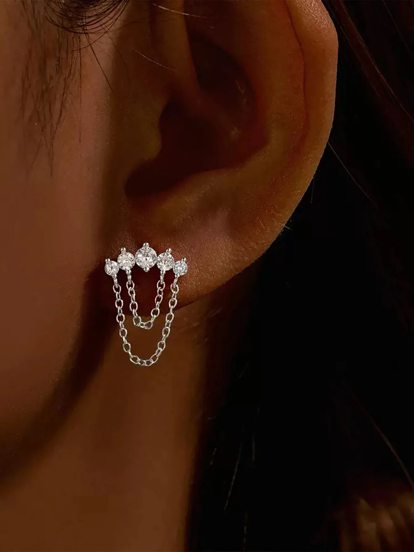 316L Stainless Steel 1PC Multiple Zirconia Tassel Cartilage Stud Earrings Fashionable Luxury Daily Wear Party Boutique Jewelry