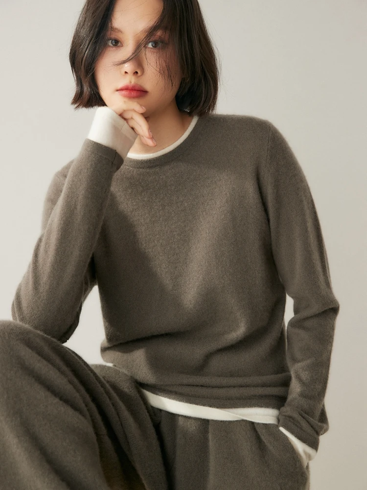 

MEETCC женский кашемировый пуловер, искусственный комплект из 2 предметов, свитер с круглым вырезом, осень-зима, трикотаж с длинными рукавами, повседневные топы из 100% кашемира