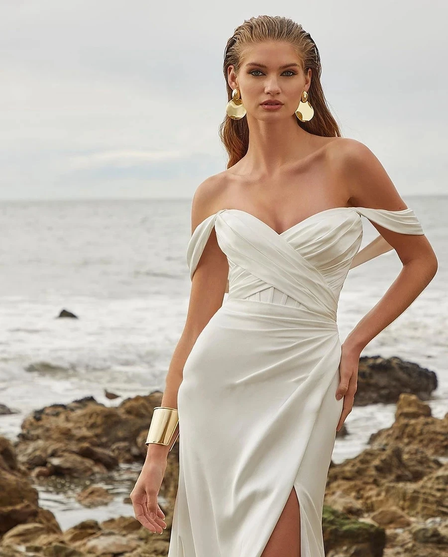 Elegant Simple Wedding Dresses Satin Sweetheart Bridal Gowns Off The Shoulder Sexy Robes Side Slit Sleeveless Vestidos De Novia