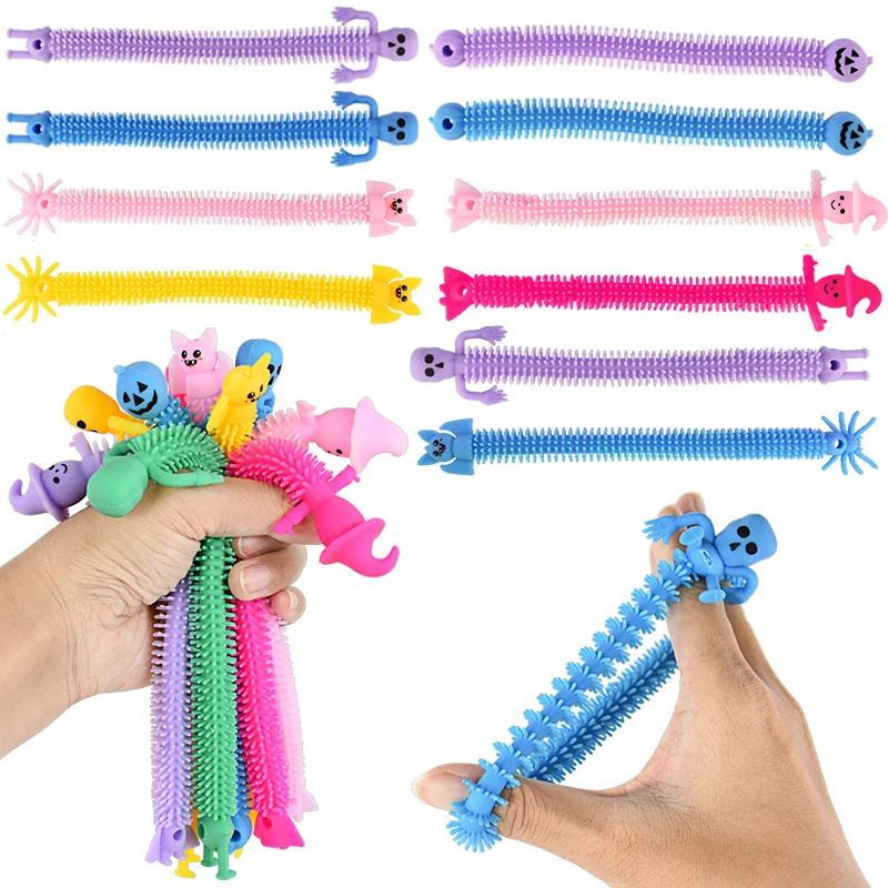 

10PCS Halloween Pull Worm Noodle Fidget Toys Skeleton Pumpkin Bat Witch Stretch String Stress Relief Trick Toy Halloween Gifts