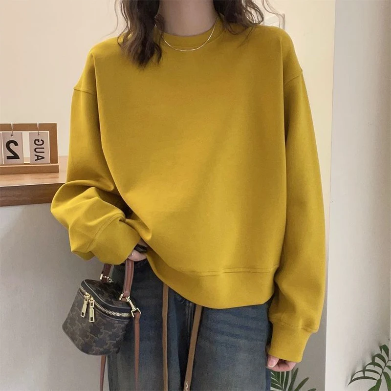 Women Clothes Sweatshirts Long Sleeve O-neck Solid Color Pulloveryouth Lively Bright Easy Close to the People Wild Popularity