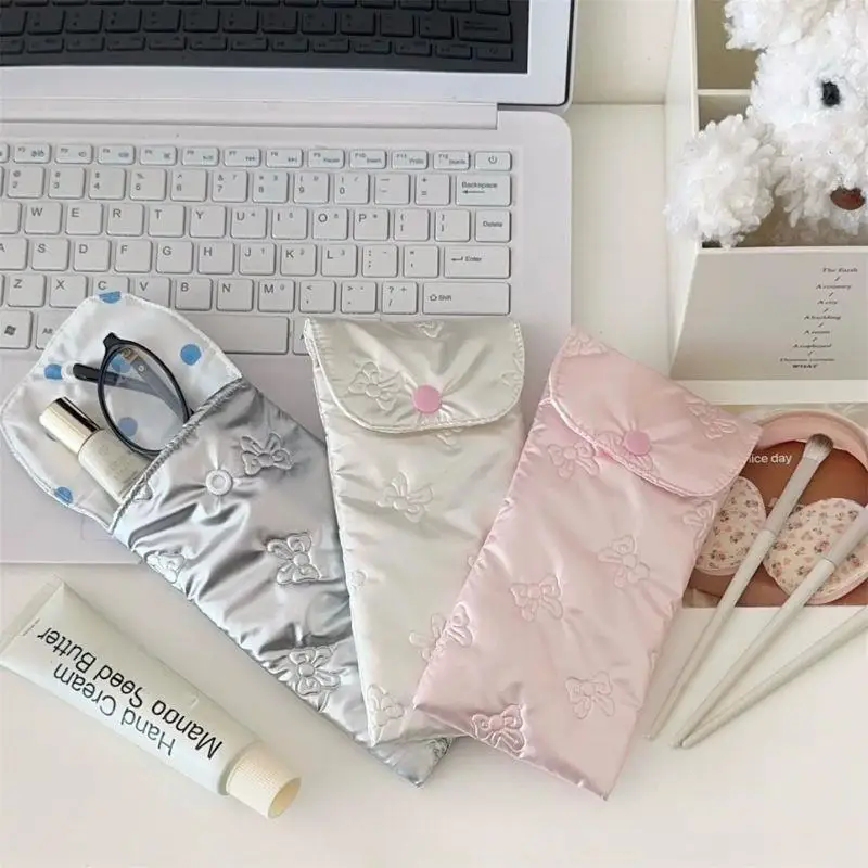 

New Embossed Bow Pencil Case Lightweight With Button Student Stationery Pouch Cosmetic Bag Portable Sunglasses Storage Pouch