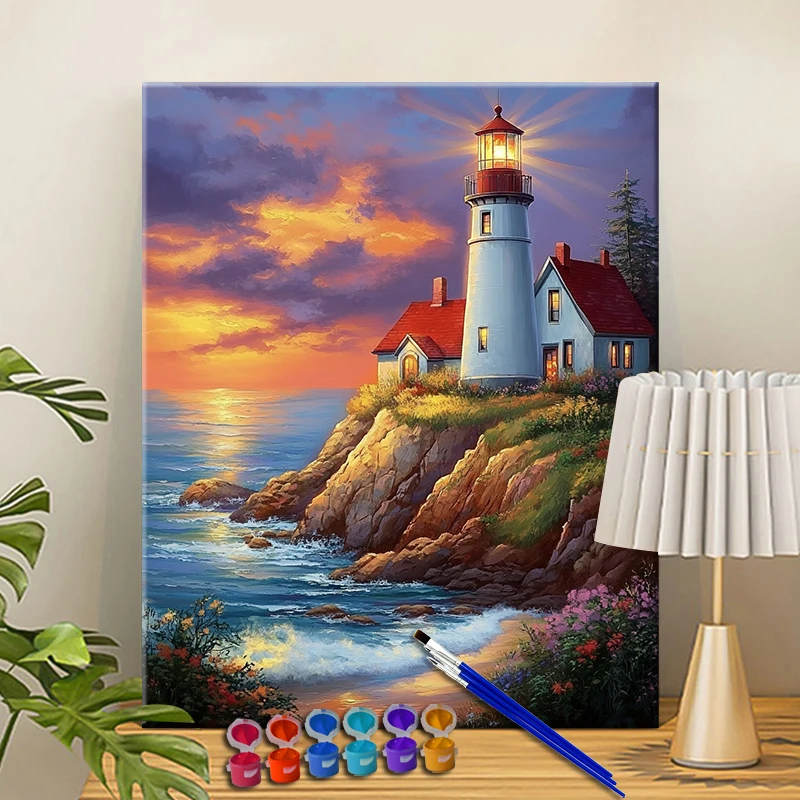 Painting By Numbers Lighthouse Coast  Acrylic Paint Canvas Dropshipping Portrait Family Children Photo Christmas gifts