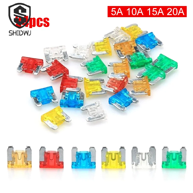 24 unids/lote fusibles de coche 5A 10A 15A 20A Kit de perfil bajo Micro Mini fusibles de cuchilla para camión motocicleta tamaños mixtos accesorios para automóviles