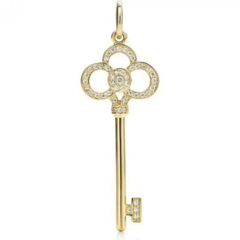 

Gold Clover Diamond Key Pendant Necklace, Pave Crystal Four-Leaf Style Design