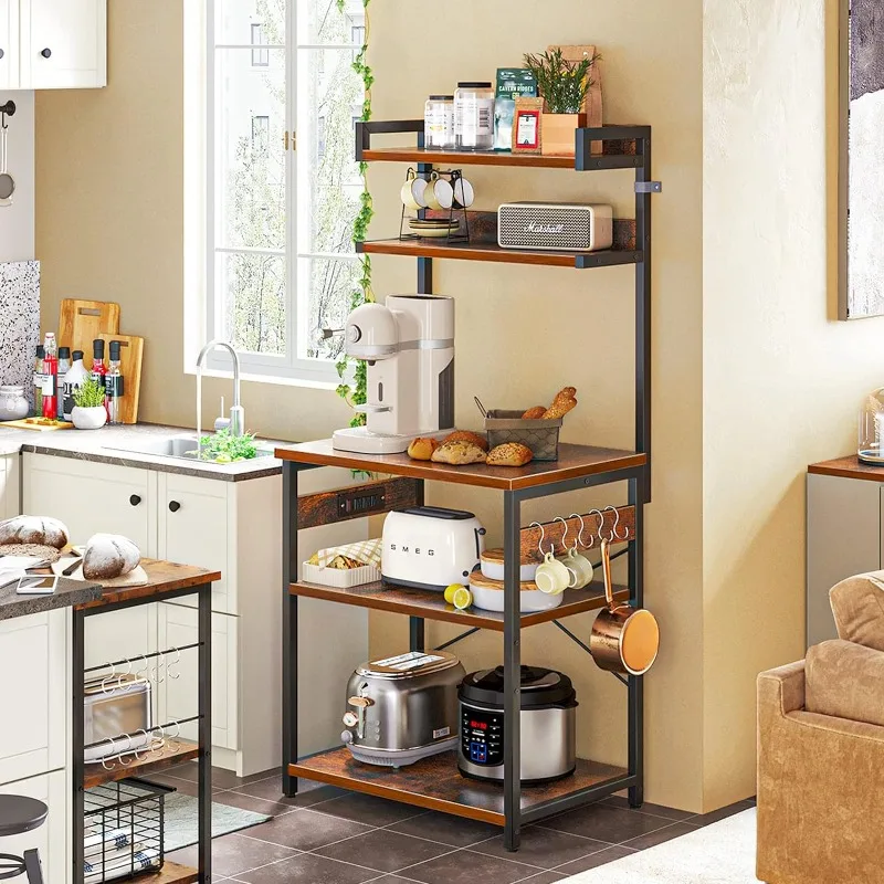 Bakers Rack with Power Outlet, Coffee Bar with Storage 5-Tiers, Microwave Stand Kitchen Rack  Kitchen Shelf, Rustic Brown