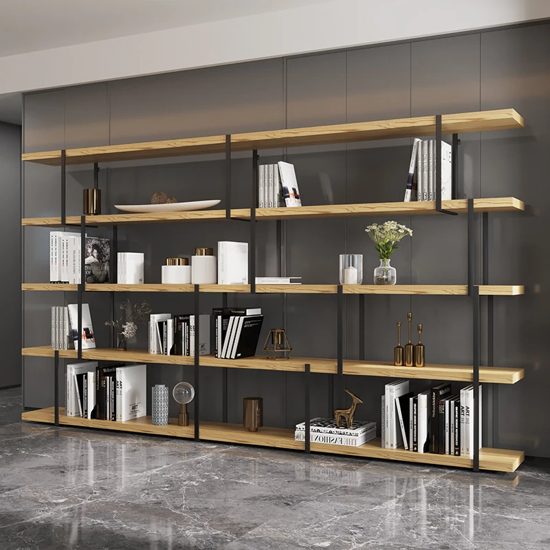 

Simple solid wood bookshelf wrought iron shelf floor partition office light luxury multi-layer living room display rack storage