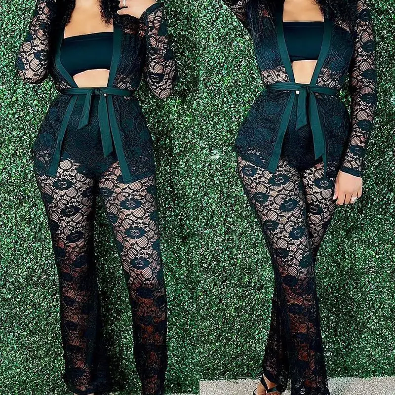 

Women 2pcs Clothes Set Long Sleeve Open Cardigan Sashes High Waist Pants Lace Sexy Summer Spring Clothing