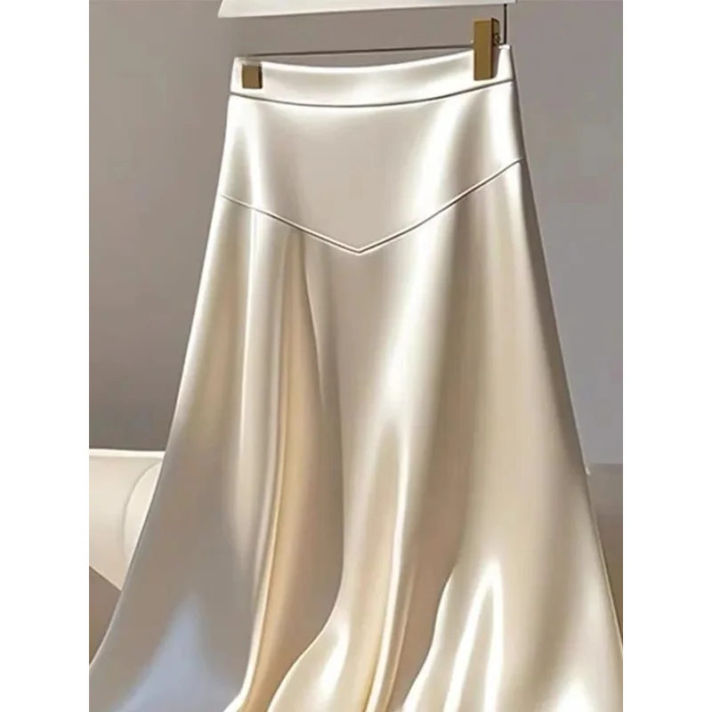 

2025 Women Spring Autumn Elegant Temperament Solid Color Satin Skirt Women Clothes Simplicity Office Lady All Match A Line Skirt