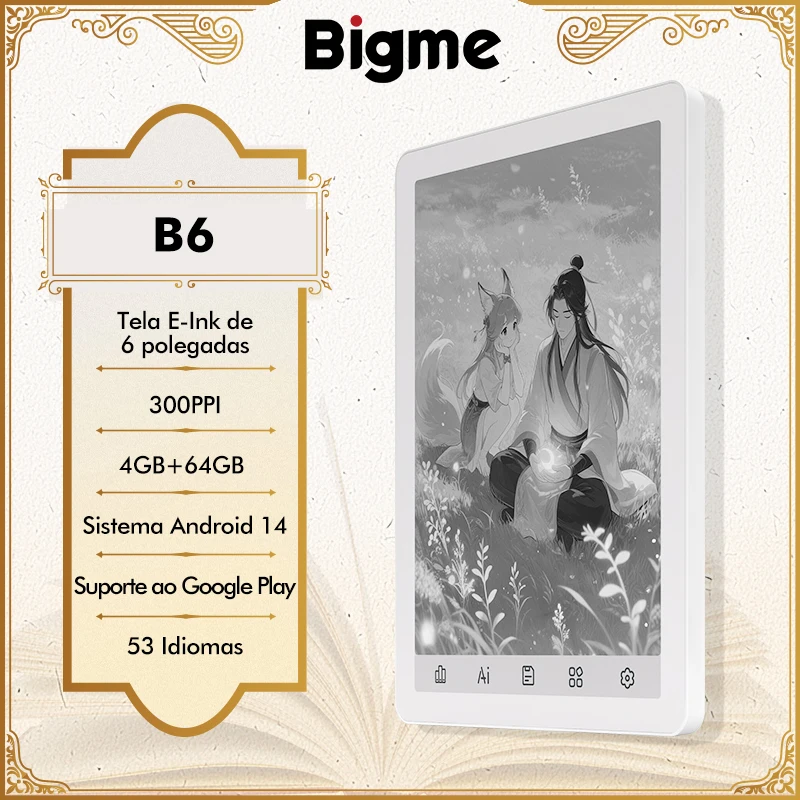 Leitor de e-books Bigme B6, tela e-ink preto e branco de 6'', livro eletrônico com display HD de 300PPI, sistema operacional Android 14, 4+64GB, E-book com aparência de papel.