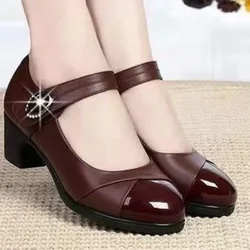 Women's Single Shoes Thick Heel Shallow Mouth Low Heel Work Pu Leather Shoes Round Toe Soft Sole Middle-aged Mother's Pumps