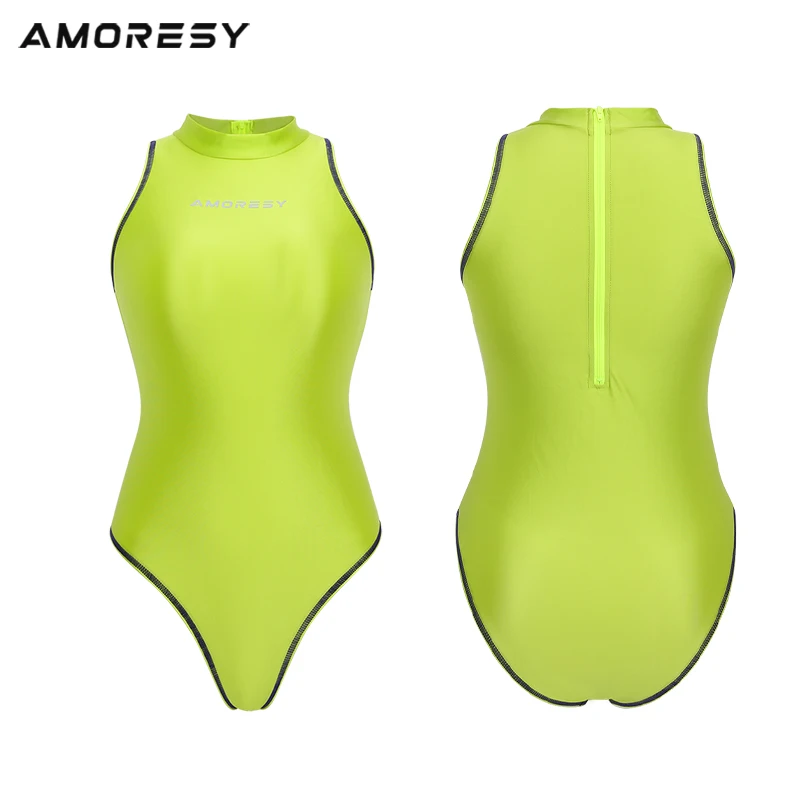 AMORESY-Sleeveless Tight Breathable Swimsuit, Spandex Wave Surfing, Glossy Stand Up Neck, Sexy Beach Swimwear