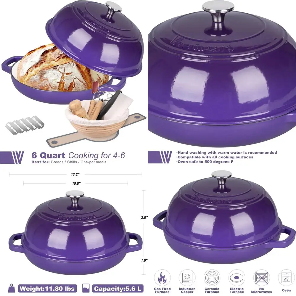 

Purple 6-Quart Enamel Cast Iron Dutch Oven with Lid, Perfect for Sourdough Bread Baking and Proofing