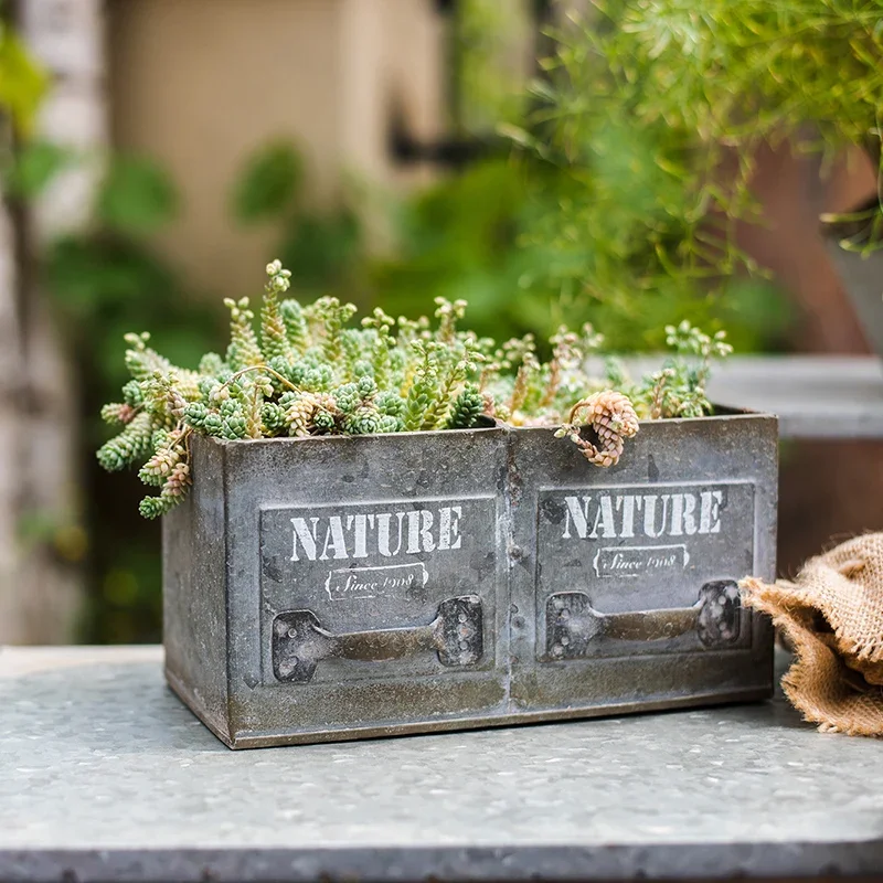 Indoor Plant Pot Dish Rectangle Large Shabby Chic American Style Flowerpot Drawer Metal Orchid Maceteros Farmhouse Decor