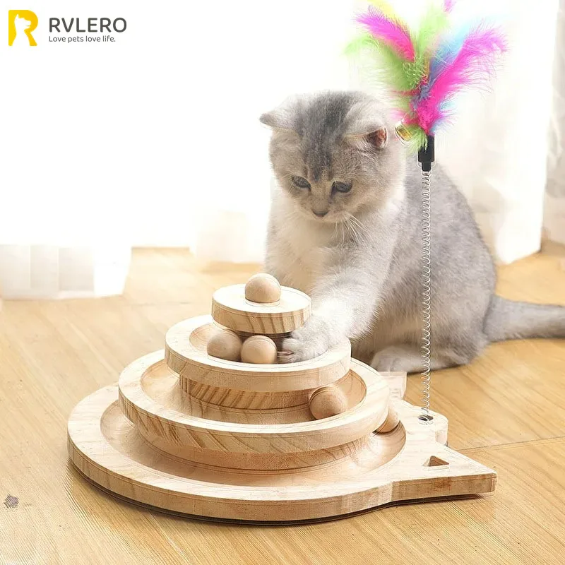 Juguete de madera para gatos, torre de pistas giratorias de 2/3 niveles, inteligencia de entretenimiento, Triple disco de juego, pelota de