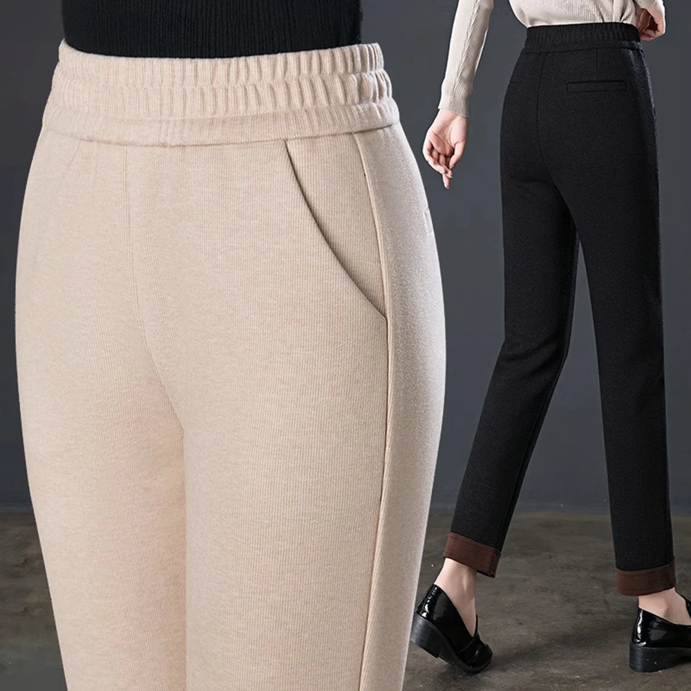 

Coffee Casual Pants2023 Autumn and Winter High Waisted Elastic Waist Slimming High Elastic Dad Pants 9-Point HarlanWomen's Pants