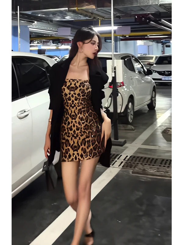 

Fall New Arrival! Formal Suit Jaet Regular Sle Leopard Print Strap Sequin Dr Bead Slimming Women's Faion Set