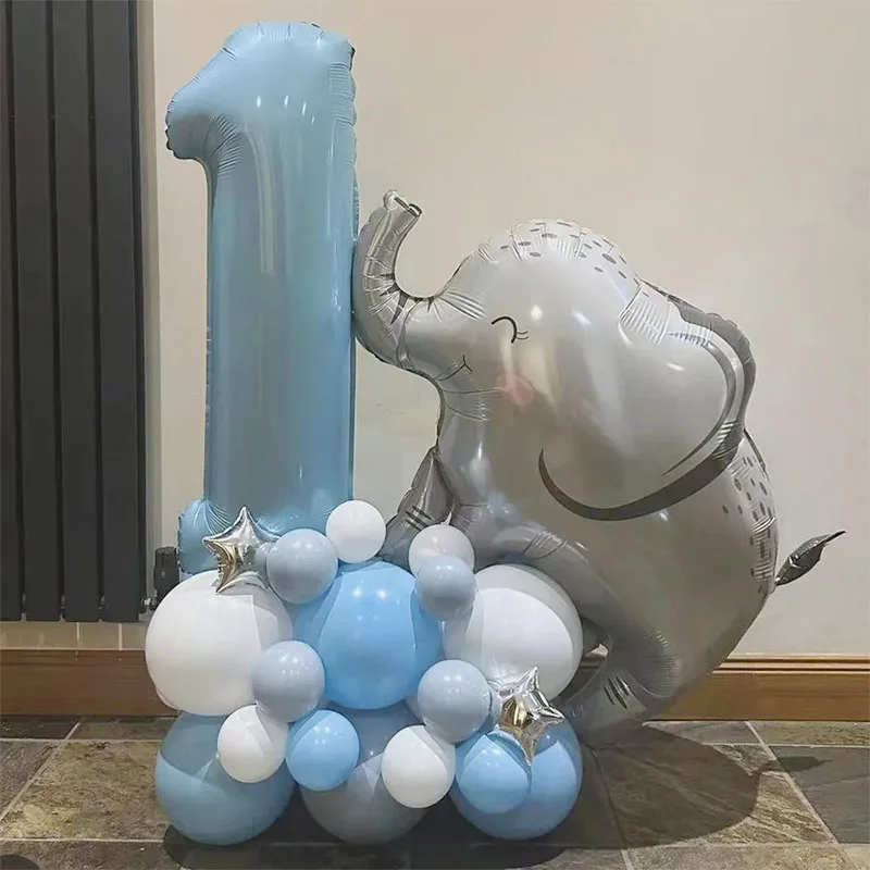 26pcs 40inch Blue Number Elephant Star Foil Balloons 1st Birthday Party Decorations Kids Boy 1 2 3 4 5 6 7 8 9 Year Old Supplies